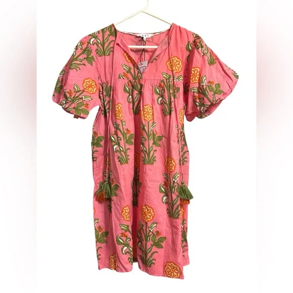 THML Mayport Dress Pink Floral Puff Sleeve Block Print Tassel NWT – Size Small - Picture 2 of 5